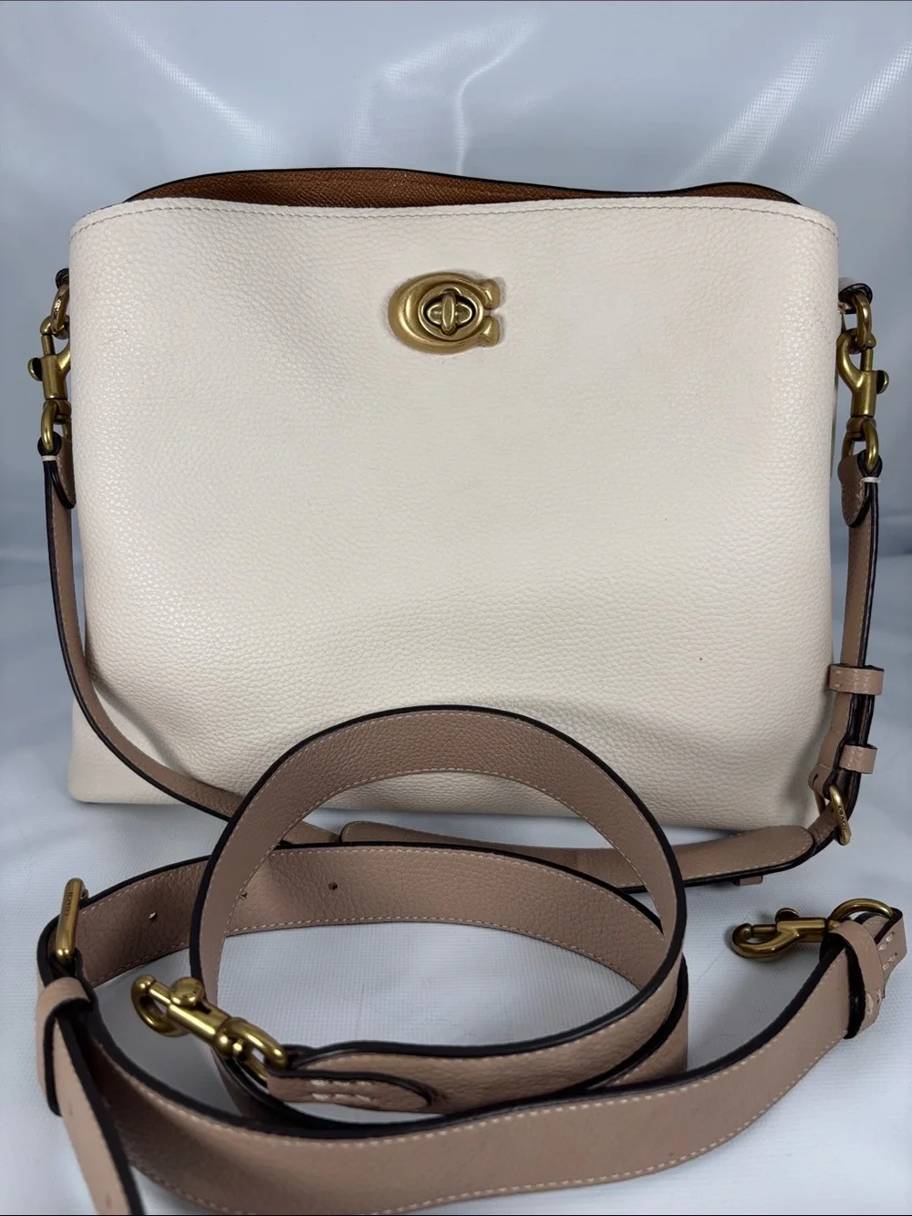 Coach Cream  Willow Pebble Leather Shoulder Bag with Tan Strap & Gold Turnlock